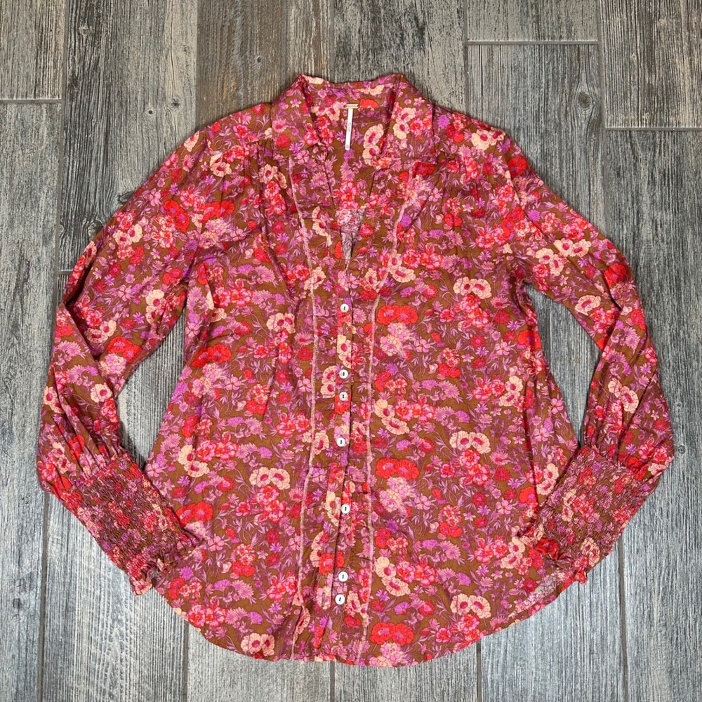 Free People Wild Gardenia Top XS Floral Print‎ Long Sleeve Button Down Blouse